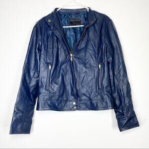 BERNARDO Navy Blue Vegan Leather Biker Moto Jacket Zip Front Edgy Grunge Small
